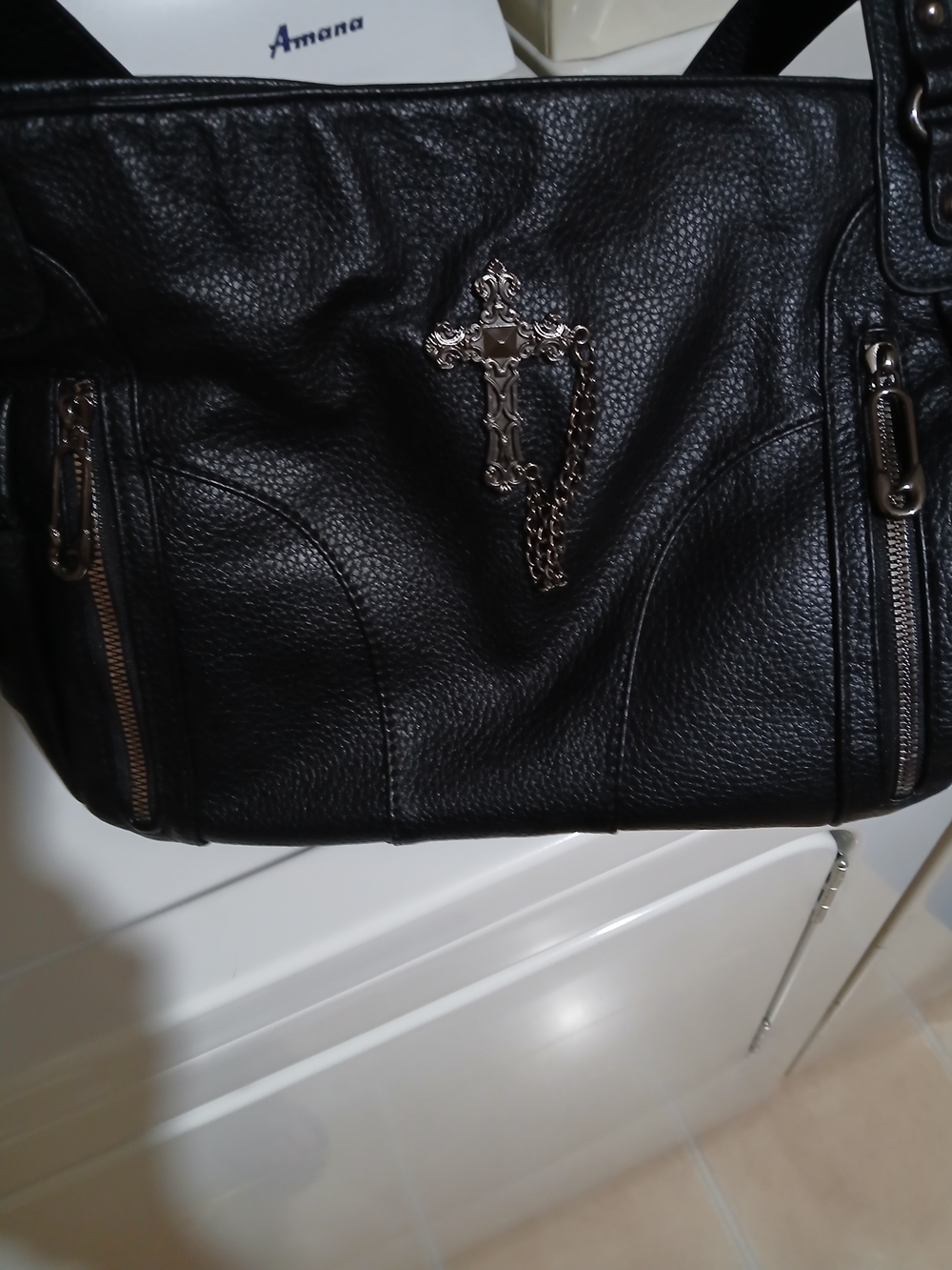 Black  Faux Leather Cross Accent Purse ,Tote